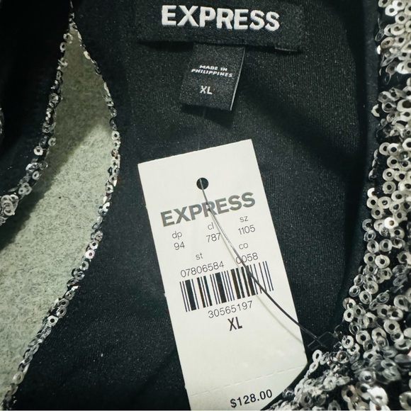 NWT EXPRESS Sequin Mini Dress Dolman Sleeves Strong Shoulder Colorblock Women’s - Picture 9 of 11